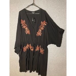 City Chic Tunic Seville Dress Size XL 22 Faux Wrap Floral Embroidered Black Boho